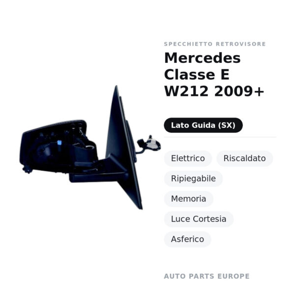Specchietto Retrovisore Sinistro Mercedes Classe E W212 2009+ – Elettrico, Riscaldato, Ripiegabile, Memoria, Luce Cortesia
