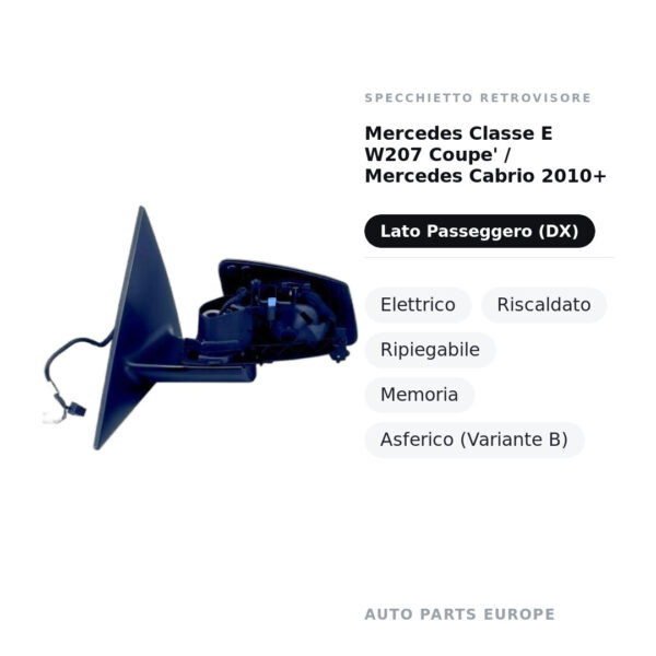 Specchietto Retrovisore Destro Mercedes Classe E W207 Coupe’ / Mercedes Cabrio 2010+ – Elettrico, Riscaldato, Ripiegabile