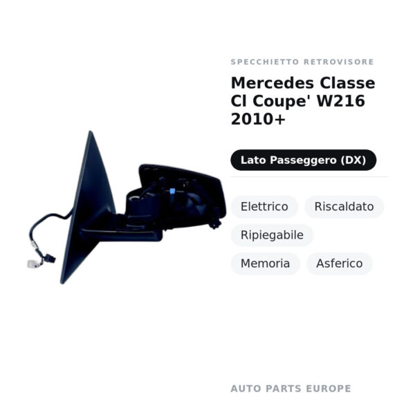Specchietto Retrovisore Destro Mercedes Classe Cl Coupe’ W216 2010+ – Elettrico, Riscaldato, Ripiegabile, Memoria, Asferico