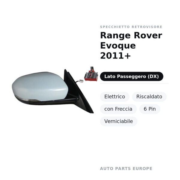 Specchietto Retrovisore Destro Range Rover Evoque 2011+ – Elettrico, Riscaldato, con Freccia, 6 Pin, Verniciabile – foto 2