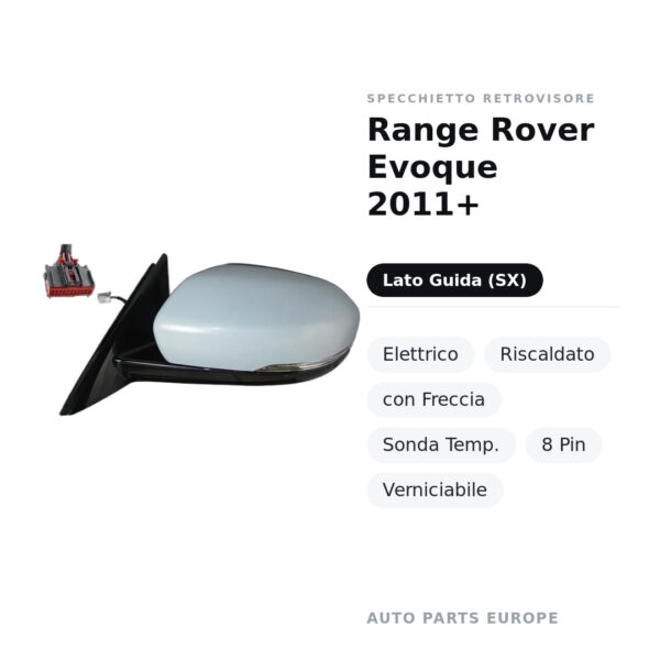 Specchietto Retrovisore Sinistro Range Rover Evoque 2011+ – Elettrico, Riscaldato, con Freccia, Sonda Temp., 8 Pin