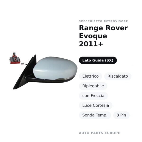Außenspiegel Links Range Rover Evoque 2011+ – Elektrisch, Beheizt, Klappbar, mit Blinker, Umgebungslicht, Temperatursensor