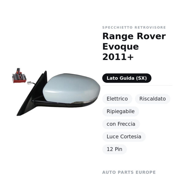 Specchietto Retrovisore Sinistro Range Rover Evoque 2011+ – Elettrico, Riscaldato, Ripiegabile, con Freccia, Luce Cortesia