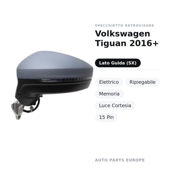 Specchietto Retrovisore Sinistro Volkswagen Tiguan 2016+ – Elettrico, Ripiegabile, Memoria, Luce Cortesia, 15 Pin – foto 2