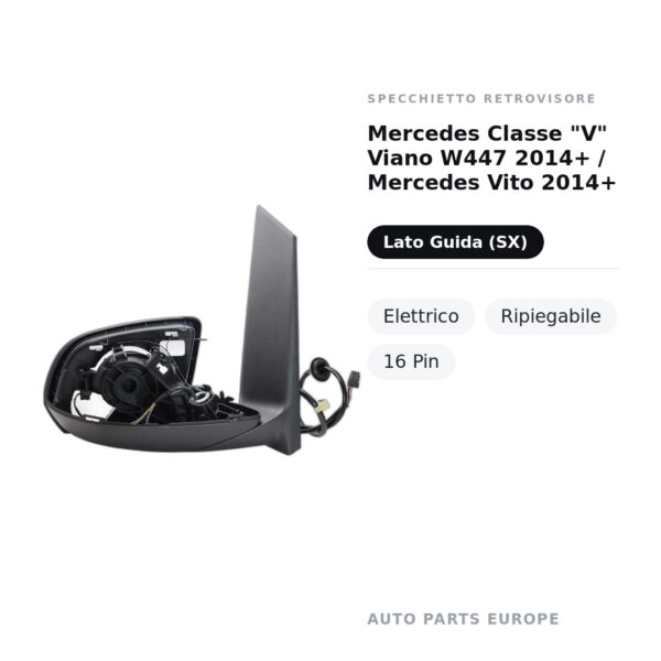 Specchietto Retrovisore Sinistro Mercedes Classe “V” Viano W447 2014+ / Mercedes Vito 2014+ – Elettrico, Ripiegabile, 16 Pin