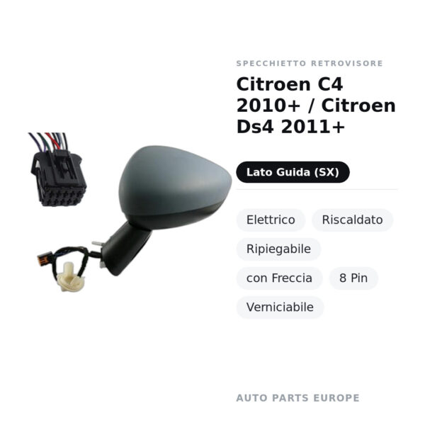 Specchietto Retrovisore Sinistro Citroen C4 2010+ / Citroen Ds4 2011+ – Elettrico, Riscaldato, Ripiegabile, con Freccia, 8
