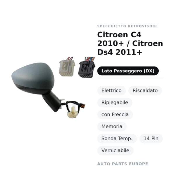 Außenspiegel Rechts Citroën C4 2010+ / Citroën Ds4 2011+ – Elektrisch, Beheizt, Klappbar, mit Blinker, Memory