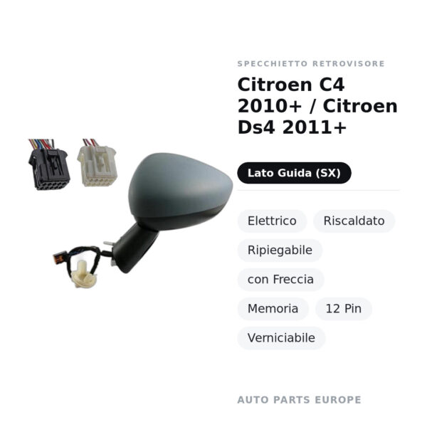 Außenspiegel Links Citroen C4 2010+ / Citroen Ds4 2011+ – Elektrisch, Beheizt, Klappbar, mit Blinker, Memory, 12-polig