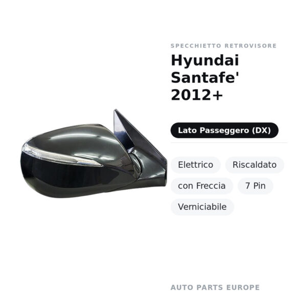Specchietto Retrovisore Destro Hyundai Santafe’ 2012+ – Elettrico, Riscaldato, con Freccia, 7 Pin, Verniciabile – foto 2