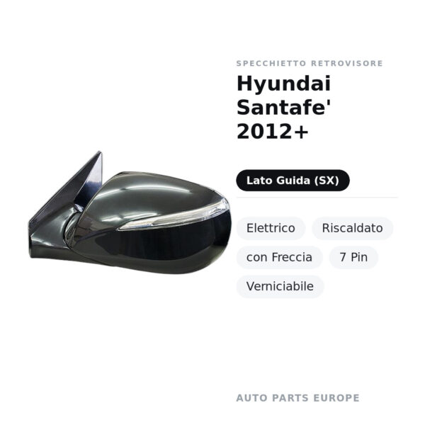 Specchietto Retrovisore Sinistro Hyundai Santafe’ 2012+ – Elettrico, Riscaldato, con Freccia, 7 Pin, Verniciabile – foto 2