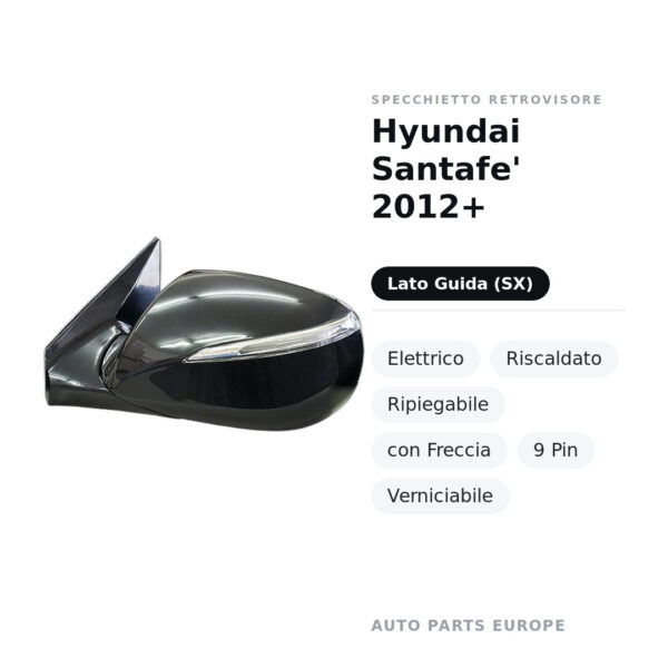 Specchietto Retrovisore Sinistro Hyundai Santafe’ 2012+ – Elettrico, Riscaldato, Ripiegabile, con Freccia, 9 Pin