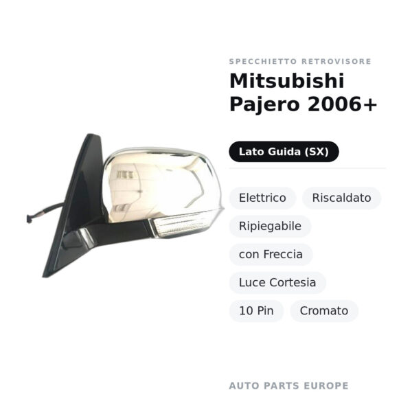 Specchietto Retrovisore Sinistro Mitsubishi Pajero 2006+ – Elettrico, Riscaldato, Ripiegabile, con Freccia, Luce Cortesia