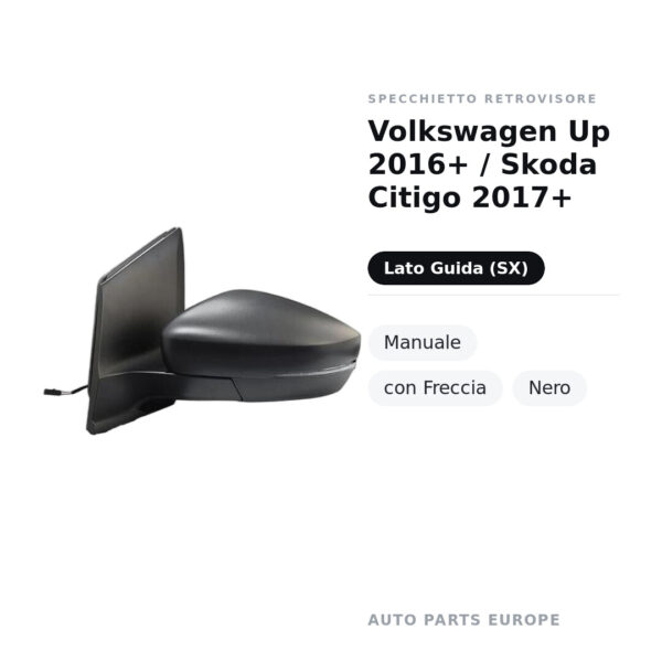 Außenspiegel Links Volkswagen Up 2016+ / Skoda Citigo 2017+ – Manuell, mit Blinker, Schwarz – Bild 2
