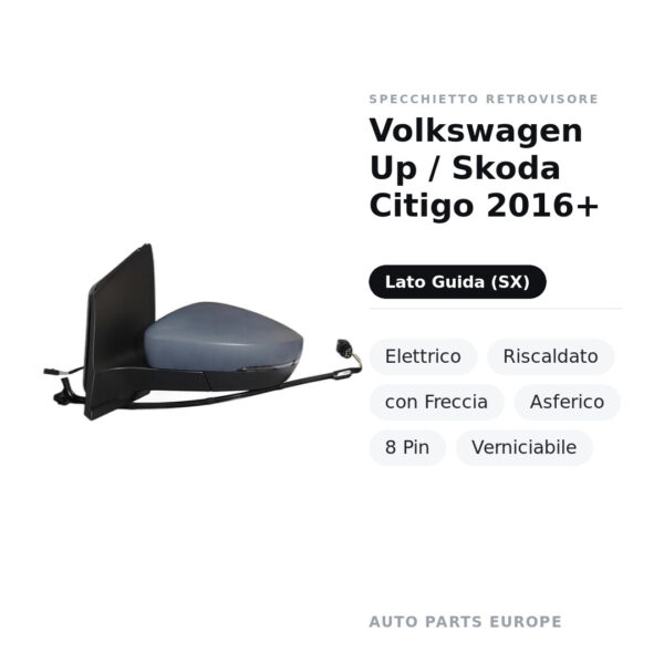Außenspiegel Links Volkswagen Up / Skoda Citigo 2016+ – Elektrisch, Beheizt, mit Blinker, Asphärisch, 8 Pol, Lackierbar