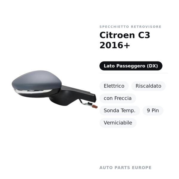 Specchietto Retrovisore Destro Citroen C3 2016+ – Elettrico, Riscaldato, con Freccia, Sonda Temp., 9 Pin, Verniciabile