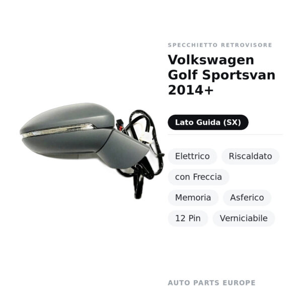 Außenspiegel Links Volkswagen Golf Sportsvan 2014+ – Elektrisch, Beheizt, mit Blinker, Memory, Asphärisch, 12 Pin