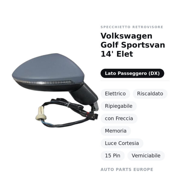 Außenspiegel Rechts Volkswagen Golf Sportsvan 14' Elet – Elektrisch, Beheizt, Klappbar, mit Blinker, Memory, Umgebungslicht