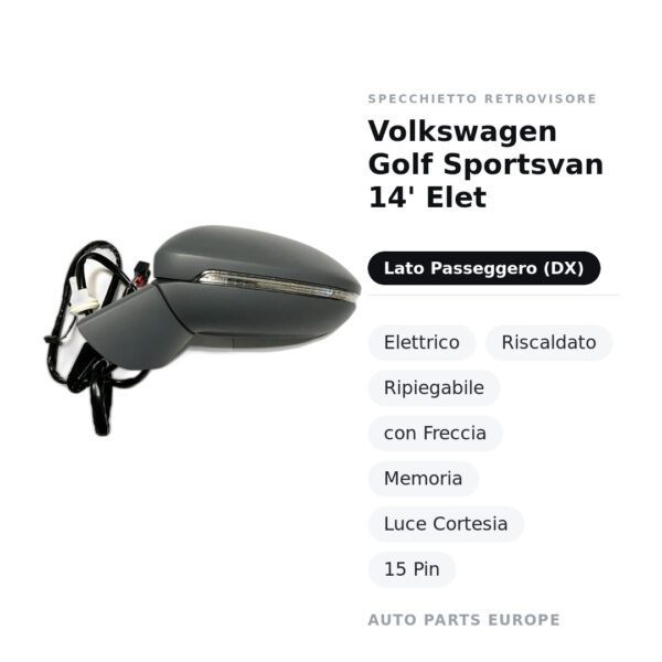 Specchietto Retrovisore Destro Volkswagen Golf Sportsvan 14′ Elet – Elettrico, Riscaldato, Ripiegabile, con Freccia