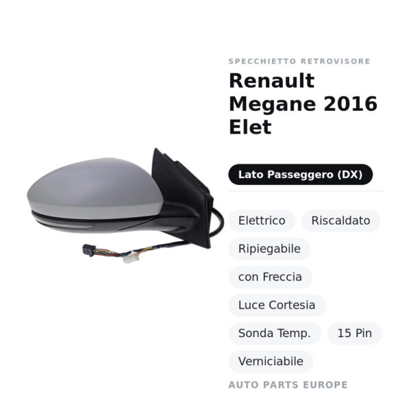 Specchietto Retrovisore Destro Renault Megane 2016 Elet – Elettrico, Riscaldato, Ripiegabile, con Freccia, Luce Cortesia