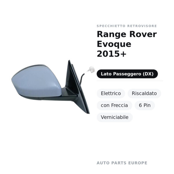 Specchietto Retrovisore Destro Range Rover Evoque 2015+ – Elettrico, Riscaldato, con Freccia, 6 Pin, Verniciabile – foto 2