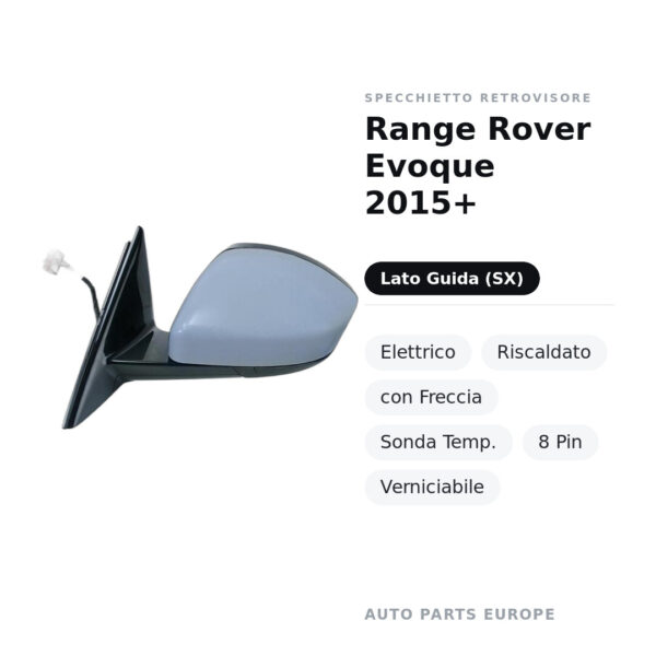 Specchietto Retrovisore Sinistro Range Rover Evoque 2015+ – Elettrico, Riscaldato, con Freccia, Sonda Temp., 8 Pin