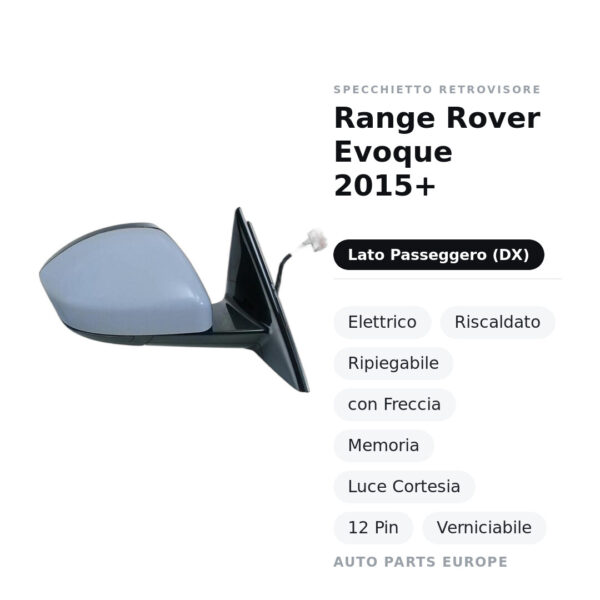 Specchietto Retrovisore Destro Range Rover Evoque 2015+ – Elettrico, Riscaldato, Ripiegabile, con Freccia, Memoria, Luce