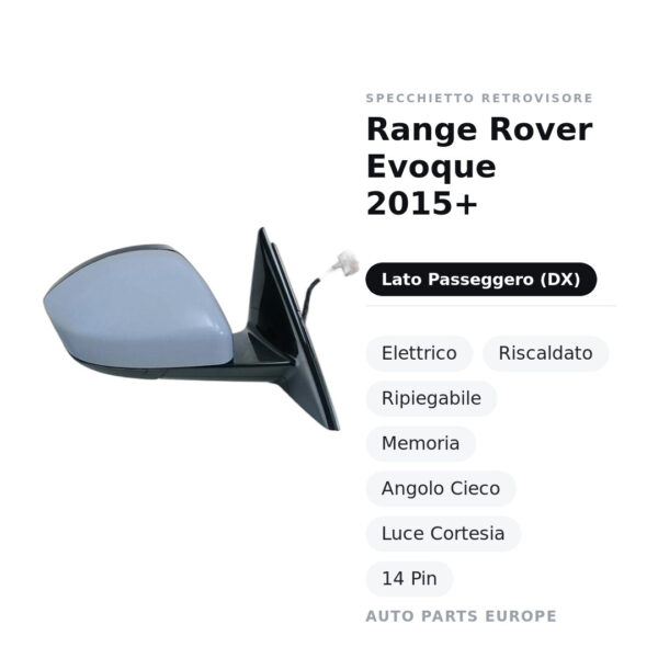 Specchietto Retrovisore Destro Range Rover Evoque 2015+ – Elettrico, Riscaldato, Ripiegabile, Memoria, Angolo Cieco, Luce