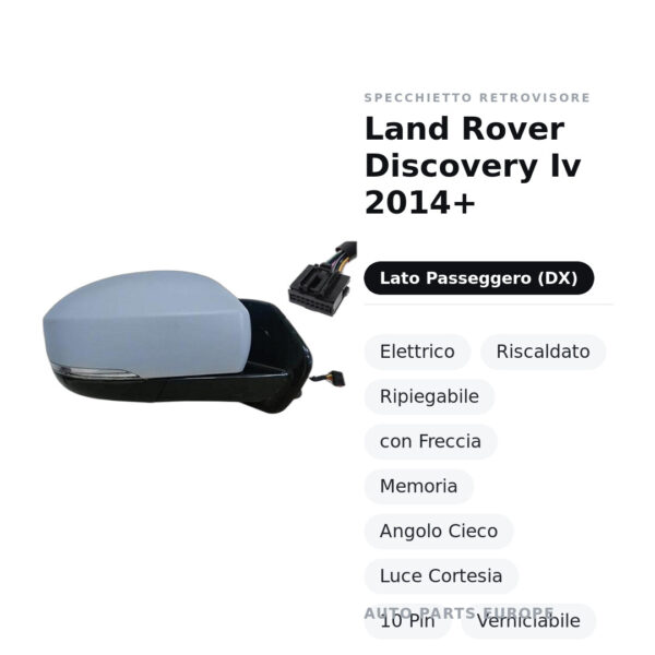 Specchietto Retrovisore Destro Land Rover Discovery Iv 2014+ – Elettrico, Riscaldato, Ripiegabile, con Freccia, Memoria