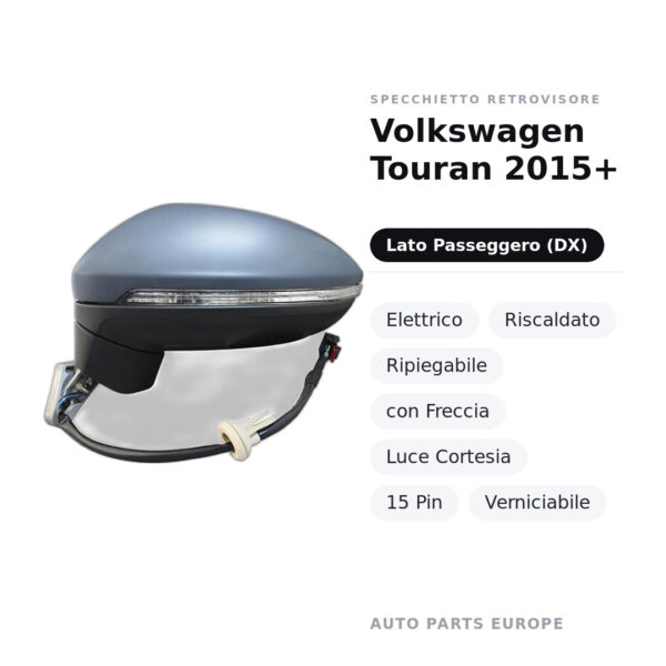 Specchietto Retrovisore Destro Volkswagen Touran 2015+ – Elettrico, Riscaldato, Ripiegabile, con Freccia, Luce Cortesia, 15