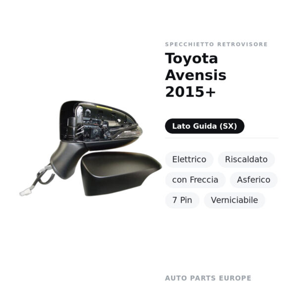 Specchietto Retrovisore Sinistro Toyota Avensis 2015+ – Elettrico, Riscaldato, con Freccia, Asferico, 7 Pin, Verniciabile