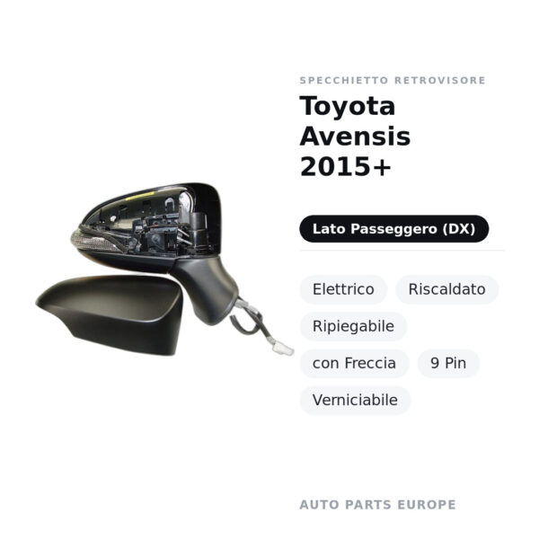 Außenspiegel Rechts Toyota Avensis 2015+ – Elektrisch, Beheizt, Klappbar, mit Blinker, 9-polig, Lackierbar – Bild 2