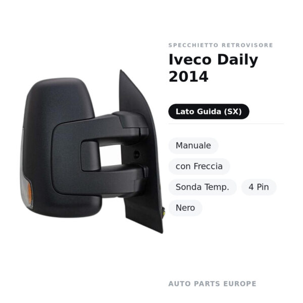 Specchietto Retrovisore Sinistro Iveco Daily 2014 – Manuale, con Freccia, Sonda Temp., 4 Pin, Nero – foto 2