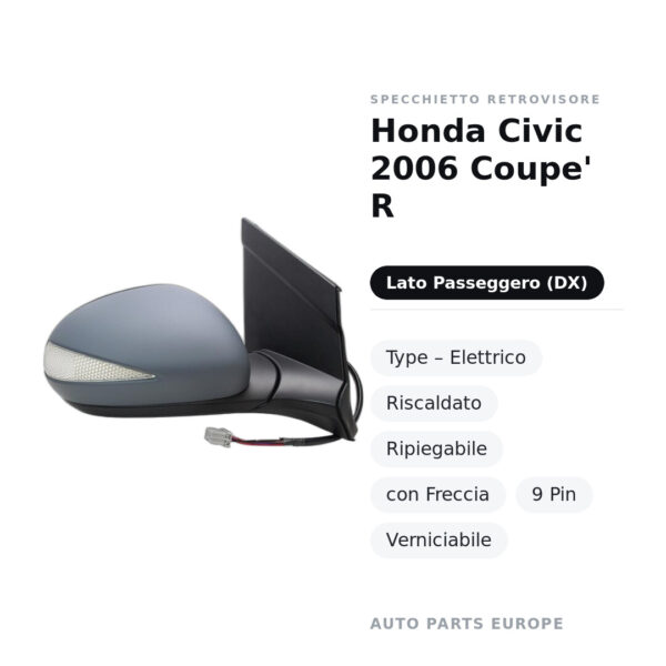 Specchietto Retrovisore Destro Honda Civic 2006 Coupe’ R-Type – Elettrico, Riscaldato, Ripiegabile, con Freccia, 9 Pin