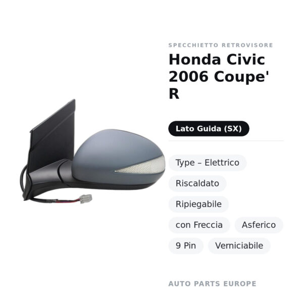Specchietto Retrovisore Sinistro Honda Civic 2006 Coupe’ R-Type – Elettrico, Riscaldato, Ripiegabile, con Freccia, Asferico