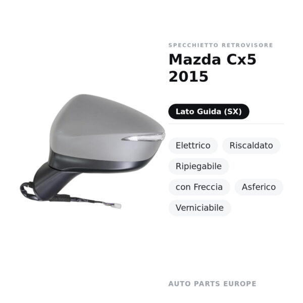 Specchietto Retrovisore Sinistro Mazda Cx5 2015 – Elettrico, Riscaldato, Ripiegabile, con Freccia, Asferico, Verniciabile