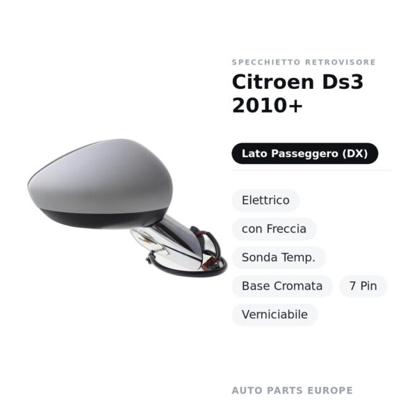 Außenspiegel Rechts Citroen Ds3 2010+ – Elektrisch, mit Blinkleuchte, Temperatursensor, verchromte Basis, 7-polig