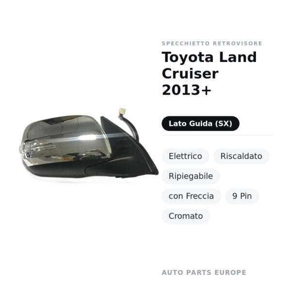 Specchietto Retrovisore Sinistro Toyota Land Cruiser 2013+ – Elettrico, Riscaldato, Ripiegabile, con Freccia, 9 Pin, Cromato