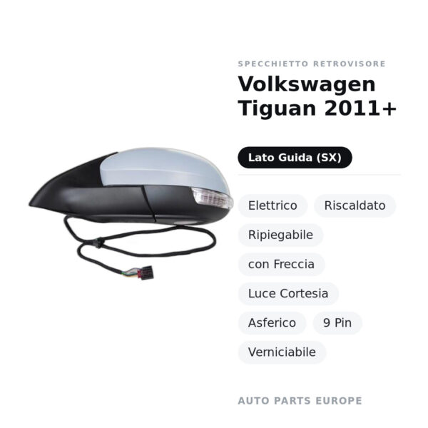 Außenspiegel Links Volkswagen Tiguan 2011+ – Elektrisch, Beheizt, Klappbar, mit Blinker, Innenleuchte, Asphärisch, 9-polig