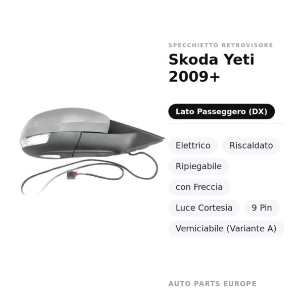 Specchietto Retrovisore Destro Skoda Yeti 2009+ – Elettrico, Riscaldato, Ripiegabile, con Freccia, Luce Cortesia, 9 Pin