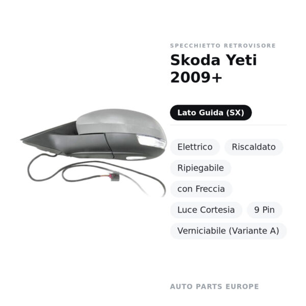 Außenspiegel Links Skoda Yeti 2009+ – Elektrisch, Beheizt, Klappbar, mit Blinker, Innenleuchte, 9-polig, Lackierbar