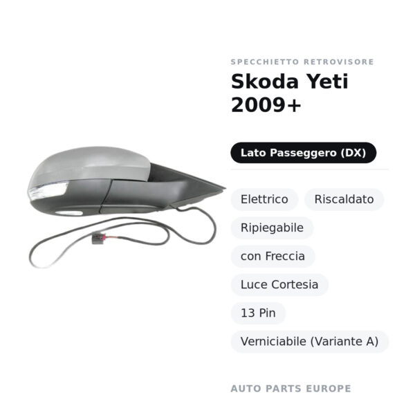 Specchietto Retrovisore Destro Skoda Yeti 2009+ – Elettrico, Riscaldato, Ripiegabile, con Freccia, Luce Cortesia, 13 Pin