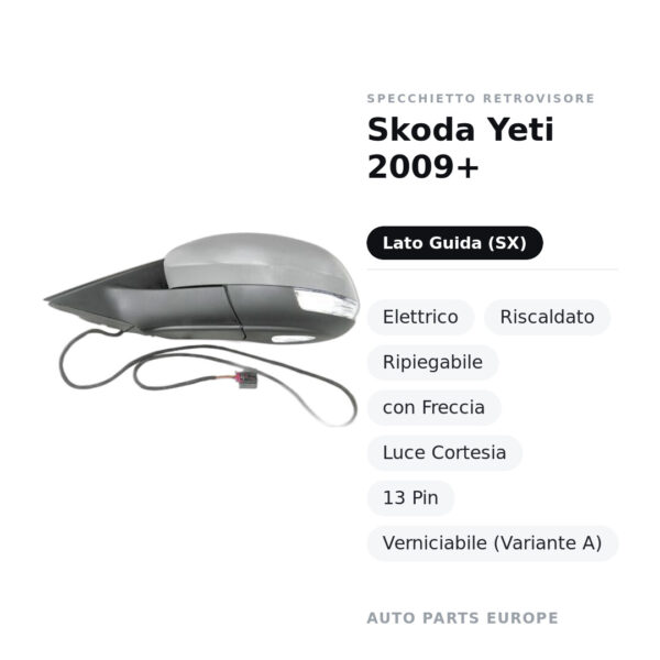Specchietto Retrovisore Sinistro Skoda Yeti 2009+ – Elettrico, Riscaldato, Ripiegabile, con Freccia, Luce Cortesia, 13 Pin