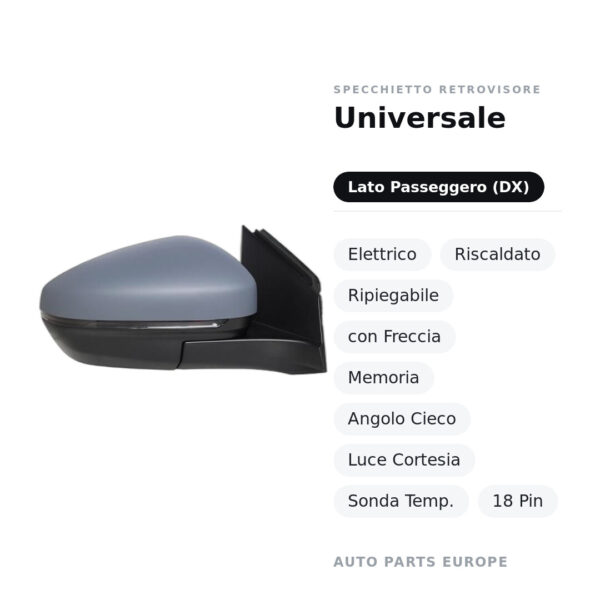 Specchietto Retrovisore Destro Universale – Elettrico, Riscaldato, Ripiegabile, con Freccia, Memoria, Angolo Cieco, Luce