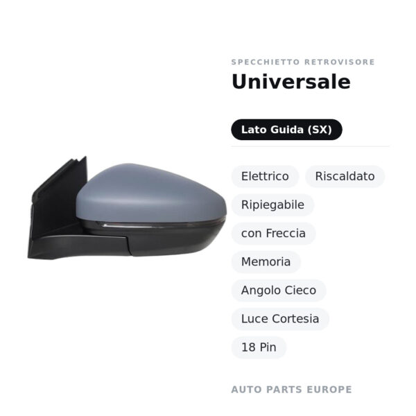 Außenspiegel Links Universal – Elektrisch, Beheizt, Klappbar, mit Blinker, Memory, Toter Winkel, Innenleuchte, 18-polig