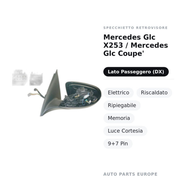 Specchietto Retrovisore Destro Mercedes Glc X253 / Mercedes Glc Coupe’ – Elettrico, Riscaldato, Ripiegabile, Memoria, Luce