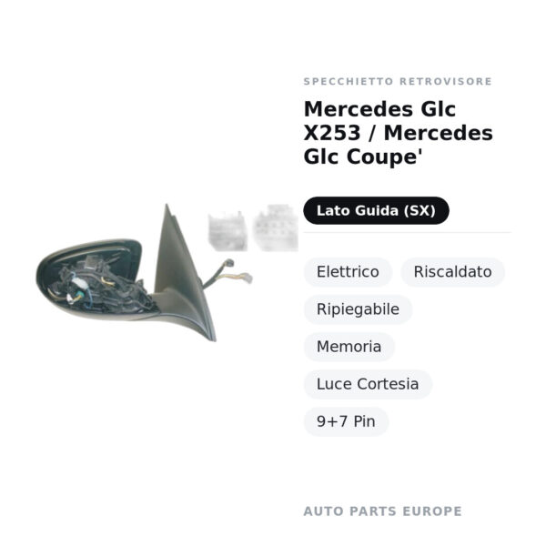 Specchietto Retrovisore Sinistro Mercedes Glc X253 / Mercedes Glc Coupe’ – Elettrico, Riscaldato, Ripiegabile, Memoria, Luce