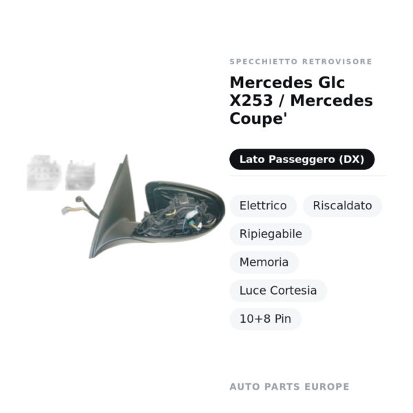 Specchietto Retrovisore Destro Mercedes Glc X253 / Mercedes Coupe’ – Elettrico, Riscaldato, Ripiegabile, Memoria, Luce