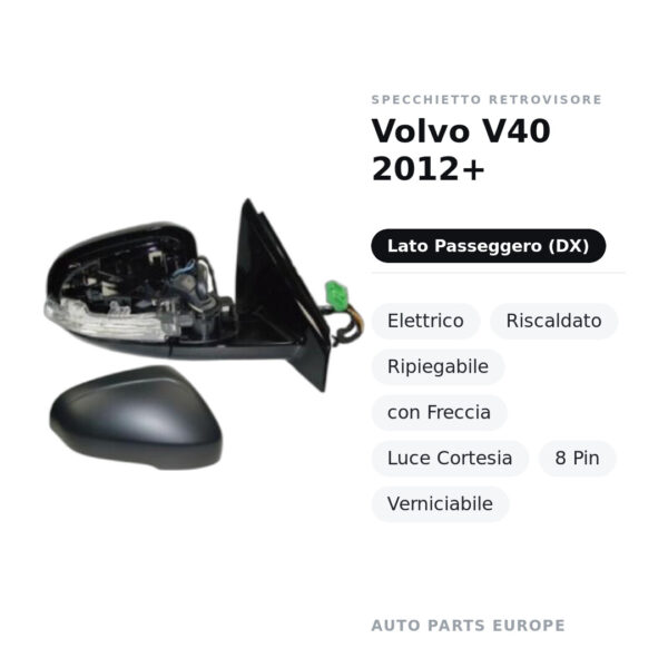 Specchietto Retrovisore Destro Volvo V40 2012+ – Elettrico, Riscaldato, Ripiegabile, con Freccia, Luce Cortesia, 8 Pin