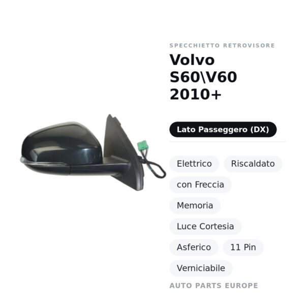 Außenspiegel Rechts Volvo S60\V60 2010+ – Elektrisch, Beheizt, mit Blinker, Speicher, Courtesy-Licht, Asphärisch, 11-polig