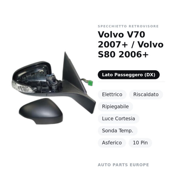 Specchietto Retrovisore Destro Volvo V70 2007+ / Volvo S80 2006+ – Elettrico, Riscaldato, Ripiegabile, Luce Cortesia, Sonda